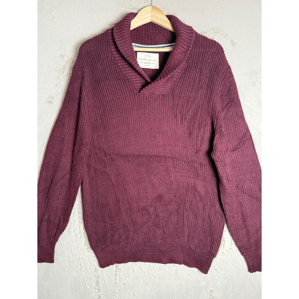 Weatherproof Vintage Shawl Collar Sweater Mens XL Burgundy 100% Cotton Pullover